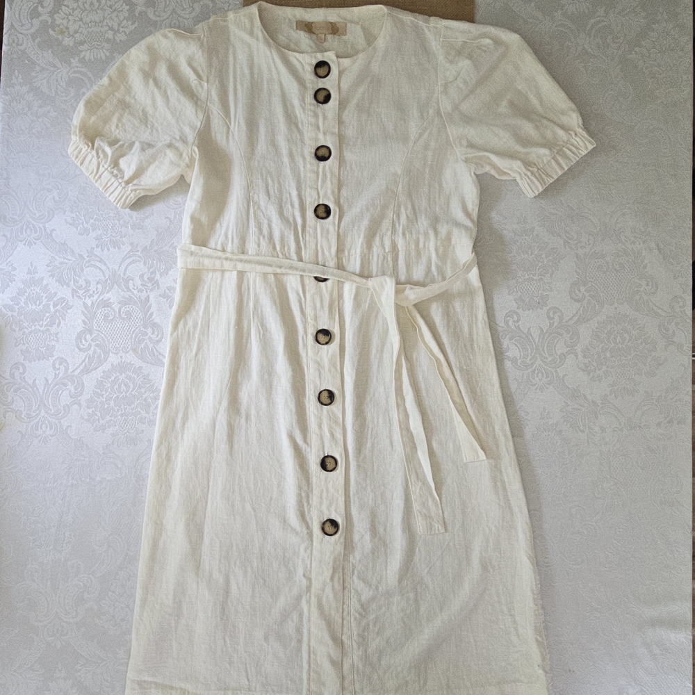 Korean Bonsui 100% Linen Cream Button-Front Dress Size 4/6 Simple Classic